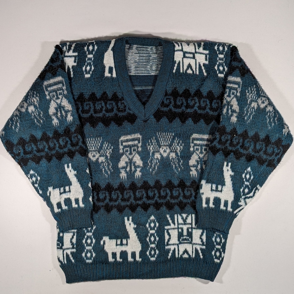 Vintage Tejidos Ruminahui Alpaca Wool V Neck Sweater Men's Size Large Green Blue